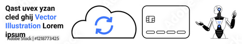 Cloud with synchronization symbol, credit card, and humanoid robot gesturing. Ideal for tech innovation, automation, AI, cloud computing, future finance fintech digital transformation. Landing page