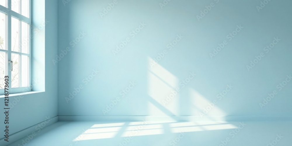Fototapeta premium Serene Light Illuminates an Empty Room's Pale Blue Walls and Floor, Casting Gentle Window Shadows