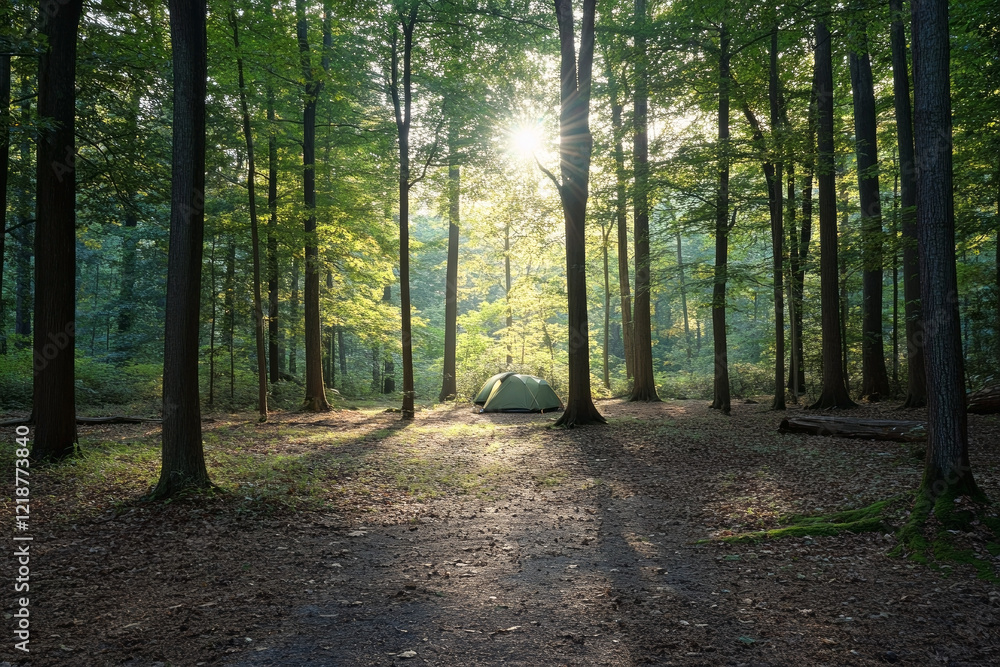 Obraz premium Mystical Forest Camping: Tranquil Dawn Adventure | Exploring Nature's Hidden Sanctuaries | Wilderness Serenity