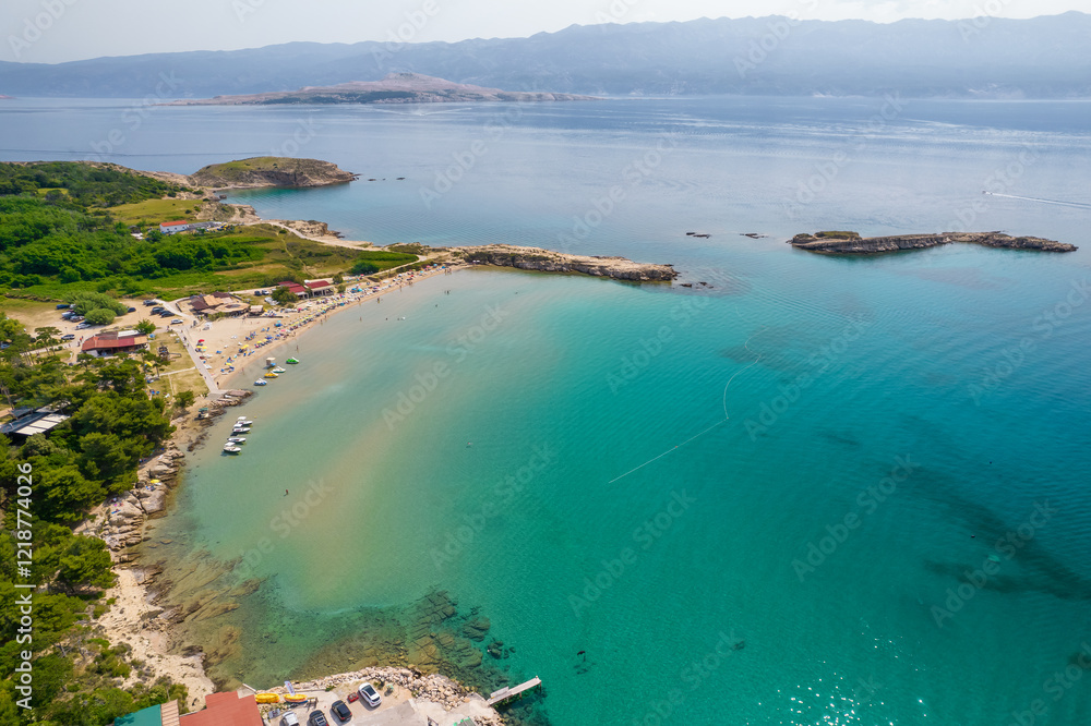 Aerial panorama of the stunning Rajska plaza beach on Rab Island, Croatia.