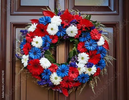 patriotically themed wreath with red white and blue flowers on a brown door photo