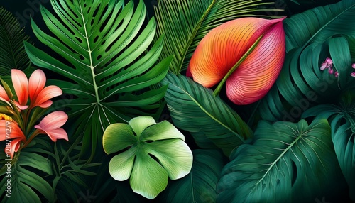 Wallpaper Mural lush tropical foliage with vibrant flowers and large leaves on a dark background Torontodigital.ca