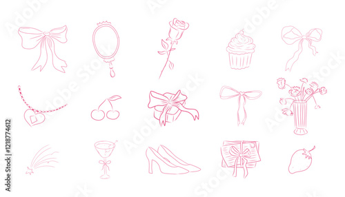 Romantic coquette set, pastel pink wedding feminine collection. Cude doodle baw, ribbon. Heart, flowers and presents, love letter.
