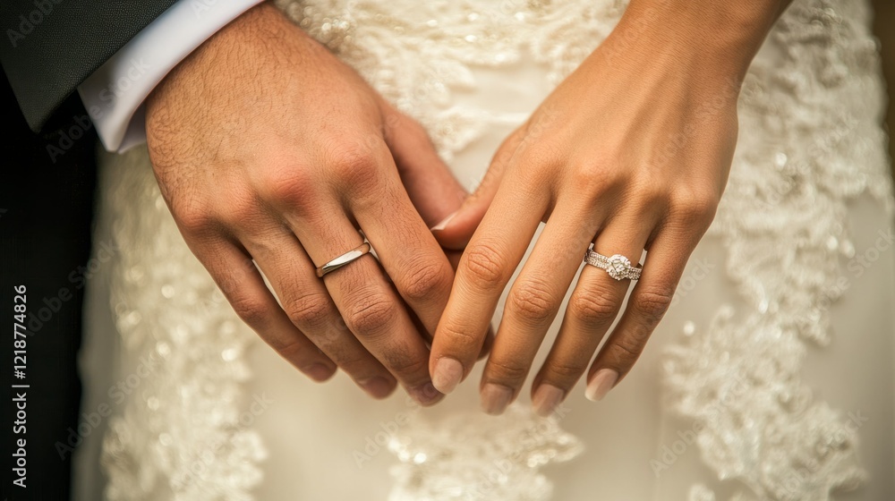 Newlywed couple's hands gently clasped, showcasing their wedding rings. Newlywed couple's hands gently clasped, showcasing their wedding rings.