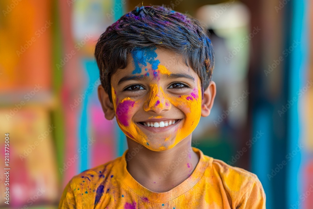Joyful boy celebrating Holi with colorful powders at a vibrant outdoor setting during spring festivities Joyful boy celebrating Holi with colorful powders at a vibrant outdoor setting during spring festivities