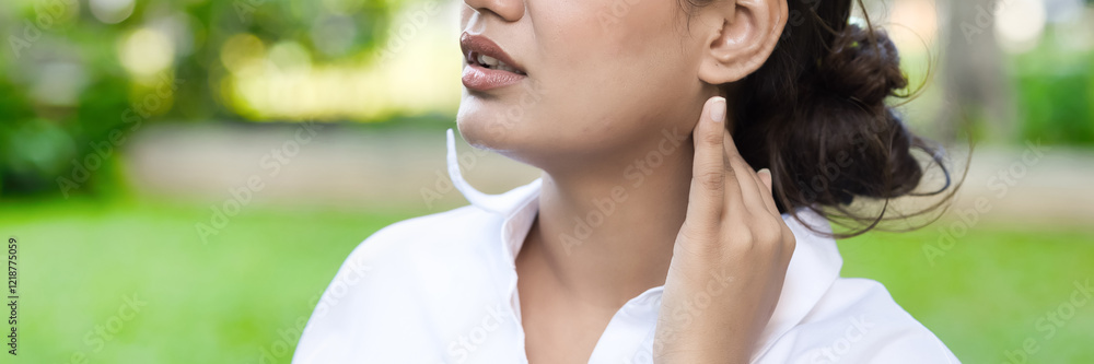 Itching and allergic Asian woman scratching her neck skin, concept of dry skin, allergic skin inflammation, body care, fungus inflammation, dermatology disease, eczema, rash, skin care closeup shot Itching and allergic Asian woman scratching her neck skin, concept of dry skin, allergic skin inflammation, body care, fungus inflammation, dermatology disease, eczema, rash, skin care closeup shot