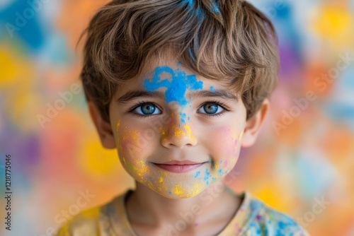 Child covered in colorful paint smiles joyfully during an outdoor art activity at a vibrant location on a sunny day photo