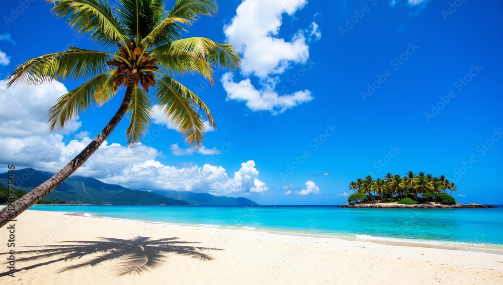 Tropical beach paradise with palm tree and blue sky, summer vacation background Tropical beach paradise with palm tree and blue sky, summer vacation background