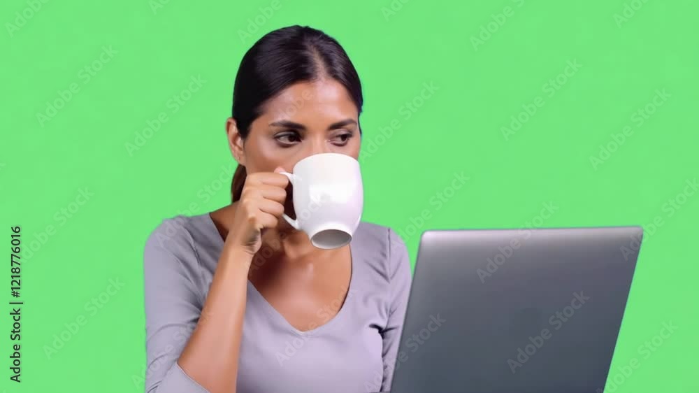 A woman enjoying coffee while working on her laptop in front of a green screen, symbolizing remote work, productivity, and modern lifestyle for creative or professional projects. A woman enjoying coffee while working on her laptop in front of a green screen, symbolizing remote work, productivity, and modern lifestyle for creative or professional projects.