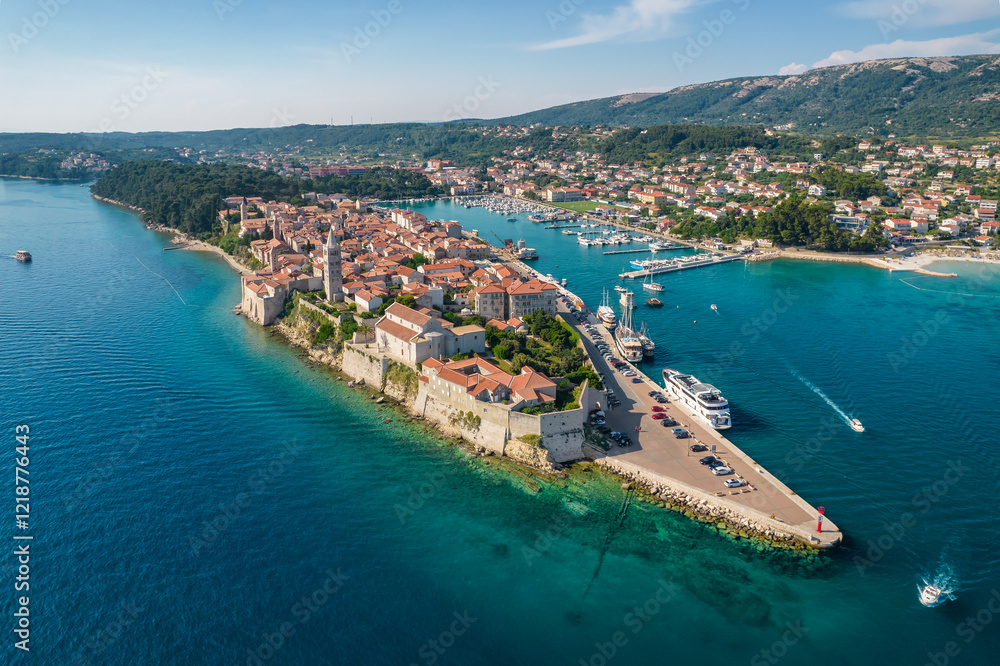 Fototapeta premium Aerial view of the famous Rab town on Rab island, Dalmatia region in Croatia