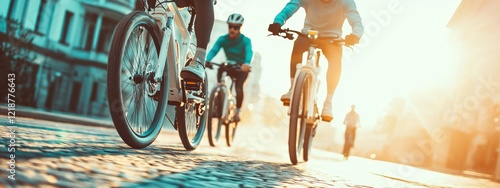 Dynamic Group Cycling Through Cobblestone Streets at Sunset with Warm Glow and Motion Blur Effects