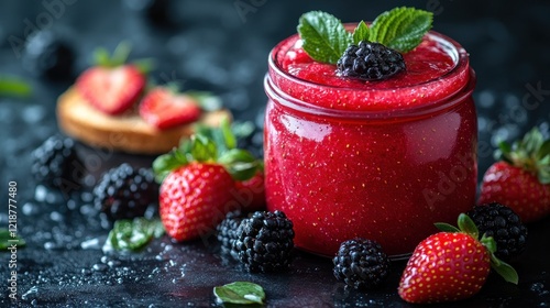 Strawberry blackberry smoothie jar, dark background photo