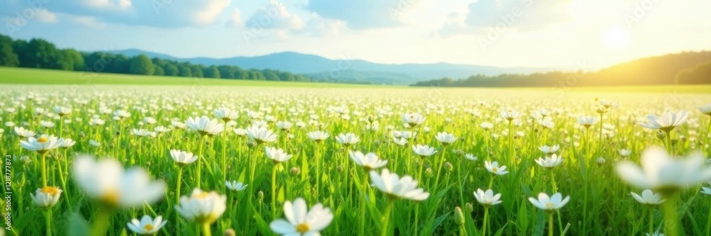 A field of white flowers stretching towards the horizon, endless fields, countryside, white blooms A field of white flowers stretching towards the horizon, endless fields, countryside, white blooms