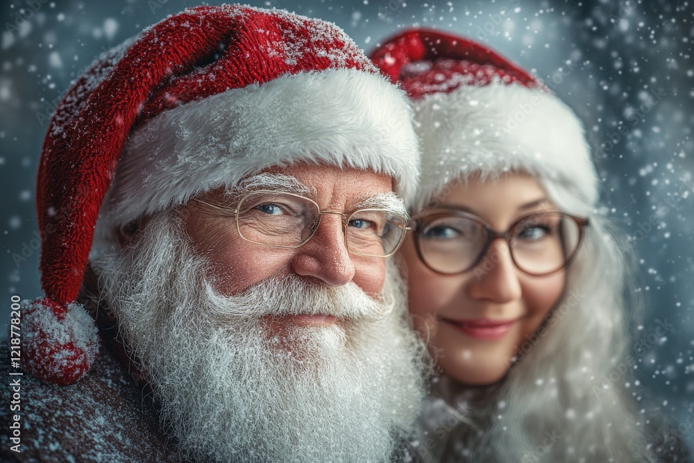 Portrait of joyful Santa Claus and Mrs. Claus wearing festive hats in a snowy setting, celebrating the holiday spirit Portrait of joyful Santa Claus and Mrs. Claus wearing festive hats in a snowy setting, celebrating the holiday spirit