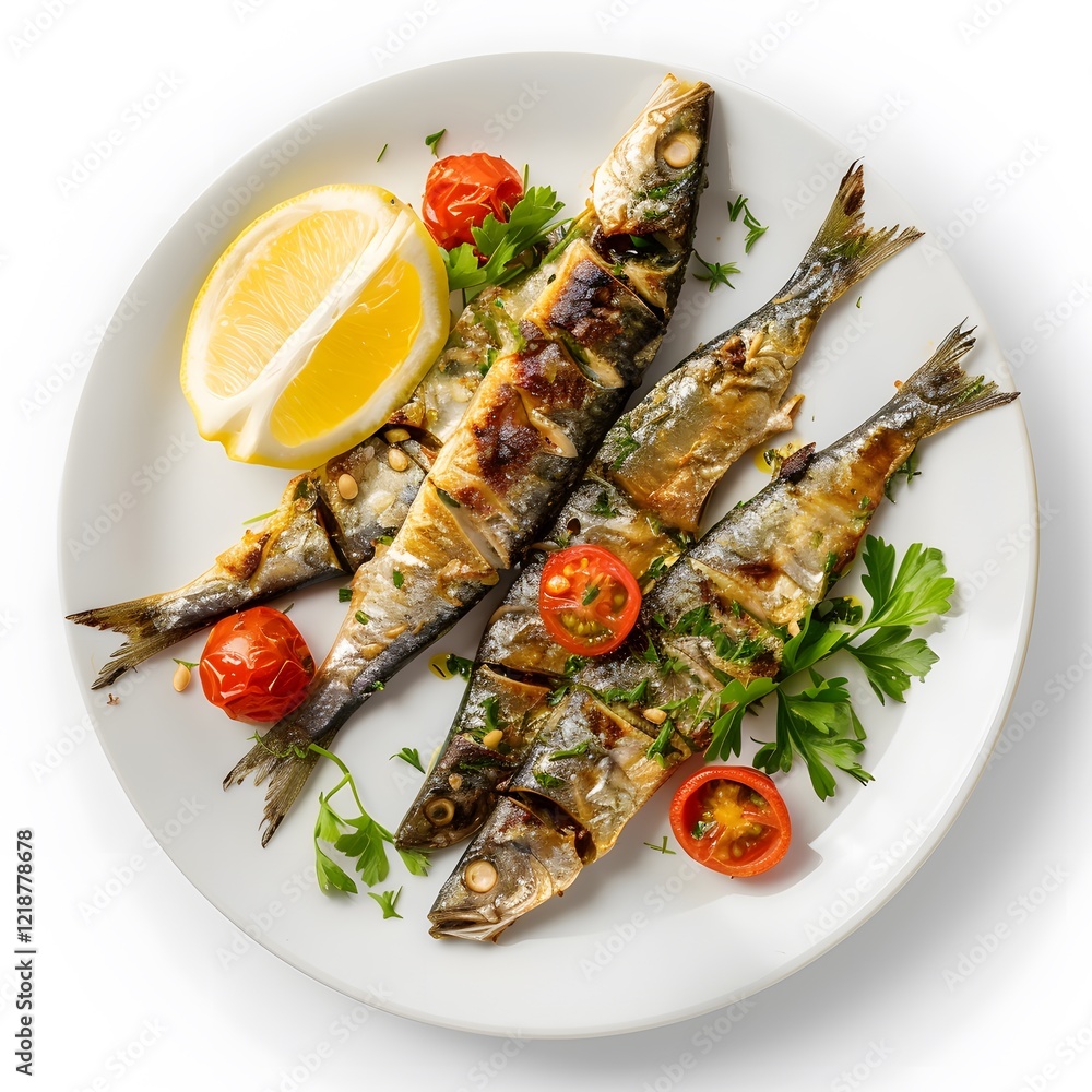 Grilled Fish with Lemon and Cherry Tomatoes on White Plate Grilled Fish with Lemon and Cherry Tomatoes on White Plate