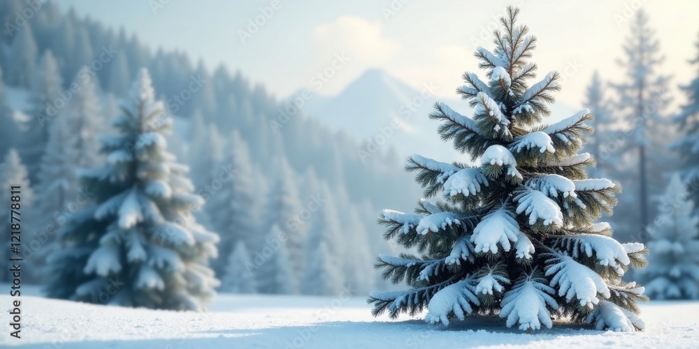 Obraz premium Serene Winter Landscape Featuring a Snow-Covered Evergreen Tree in a Frosty Forest