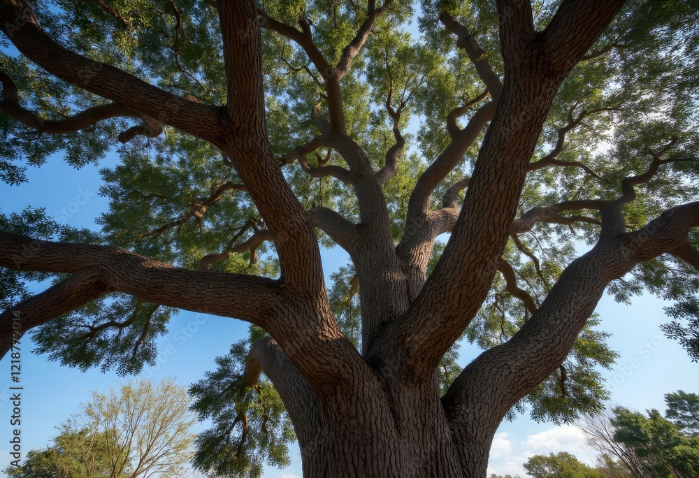 Large tree with thick brown trunk and green leaves under blue sky Large tree with thick brown trunk and green leaves under blue sky