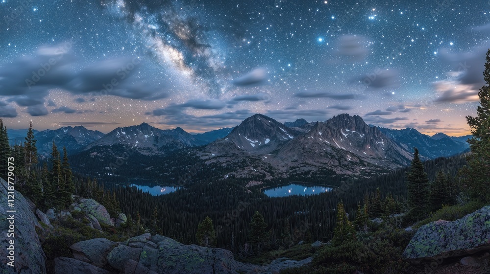 Naklejka premium Majestic Night Sky with Bright Stars Over Mountain Range Landscape