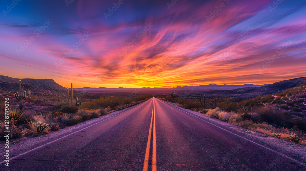 Fototapeta premium Sunset Wilderness: A Desert Road Trip through New Mexico's Vibrant Landscape
