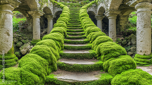 Moss covered blocks arranged in an ancient ruin photo