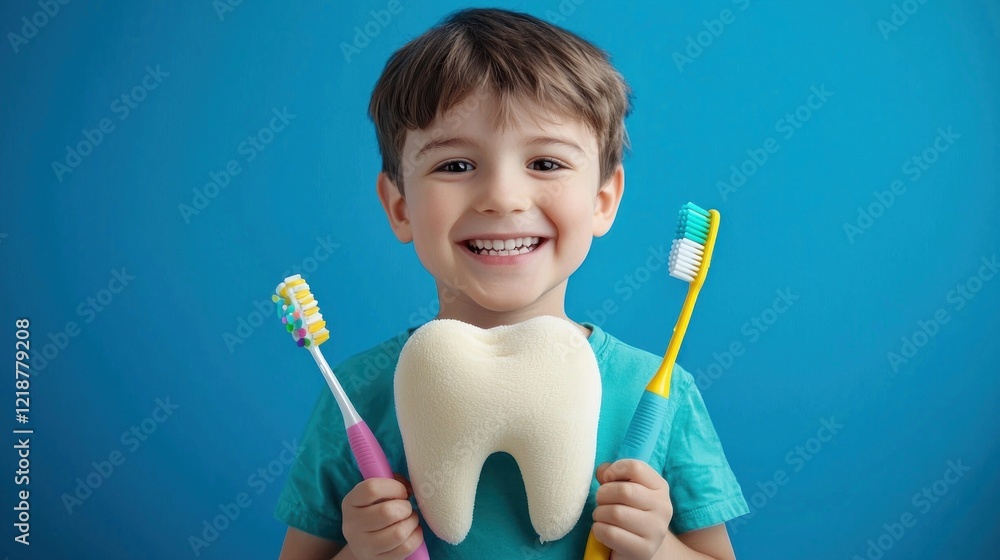 Happy child holding toothbrushes and giant tooth on blue background Happy child holding toothbrushes and giant tooth on blue background