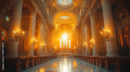 Sunlit Church Interior, Golden Light, Worship photo