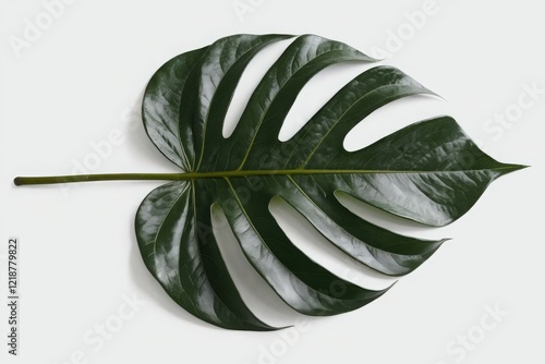 single, large, and vibrant green Monstera leaf is isolated against a plain white background.  photo