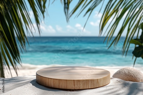 Wallpaper Mural A round wooden podium on the beach with a blue sea and palm leaves in the background, a summer vacation concept. The background is suitable for a product display presentation mock-up template. There i Torontodigital.ca