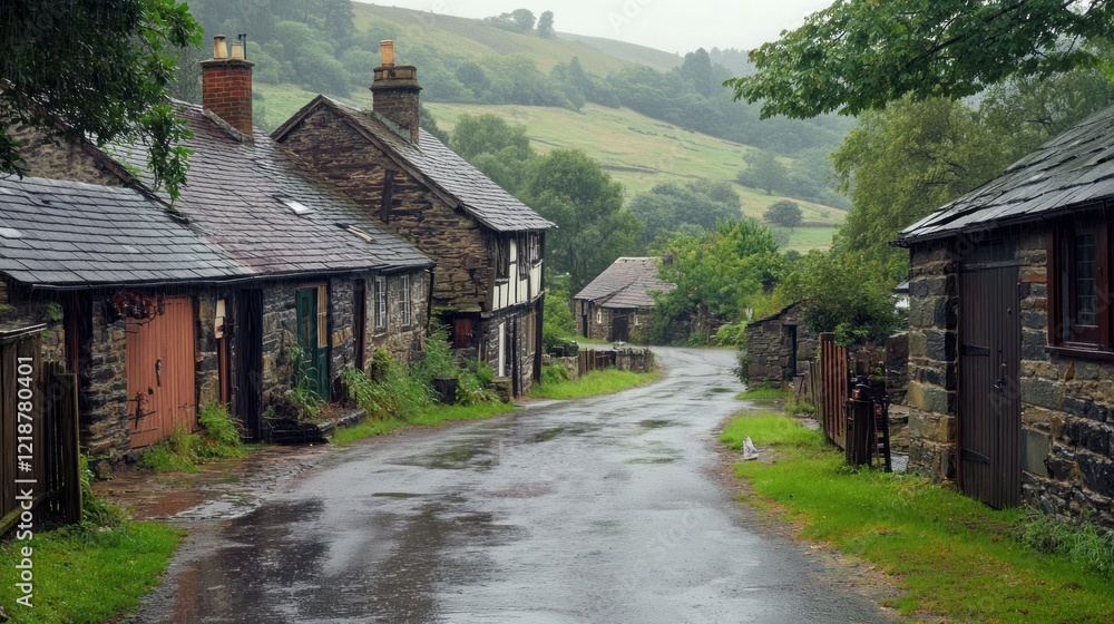 Fototapeta premium Picturesque Welsh Village on a Rainy Day