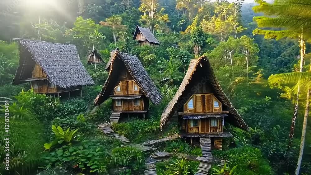 Lush Tropical Rainforest Retreat: Wooden Cabanas on Hillside Lush Tropical Rainforest Retreat: Wooden Cabanas on Hillside