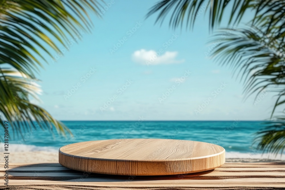 Fototapeta premium A round wooden podium on the beach with a blue sea and palm leaves in the background, a summer vacation concept. The background is suitable for a product display presentation mock-up template. There i