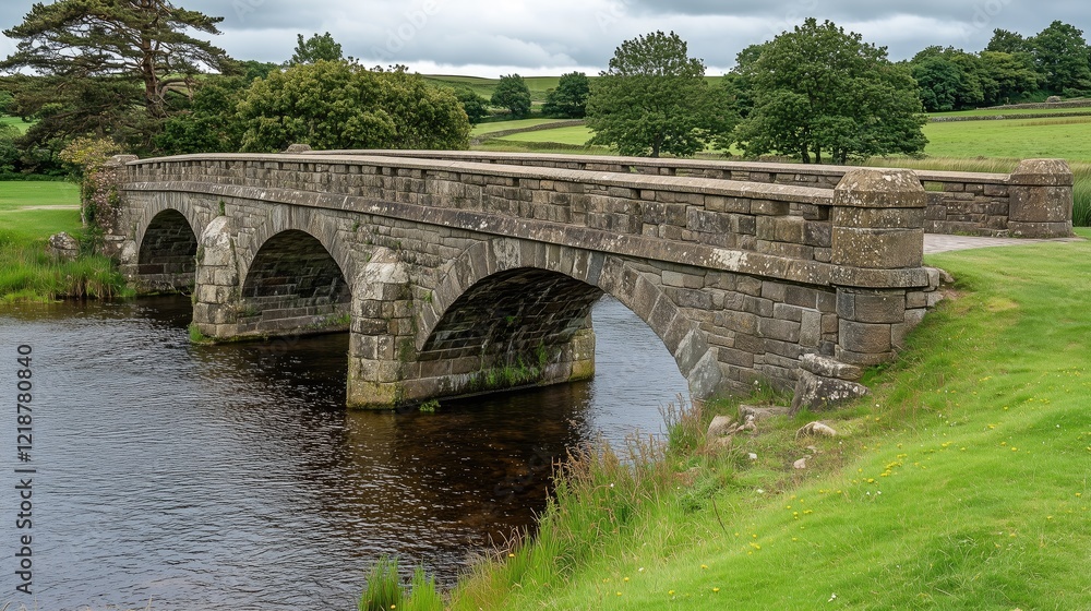 Old stone bridge crossing a gentle river in the countryside - generated AI Old stone bridge crossing a gentle river in the countryside - generated AI