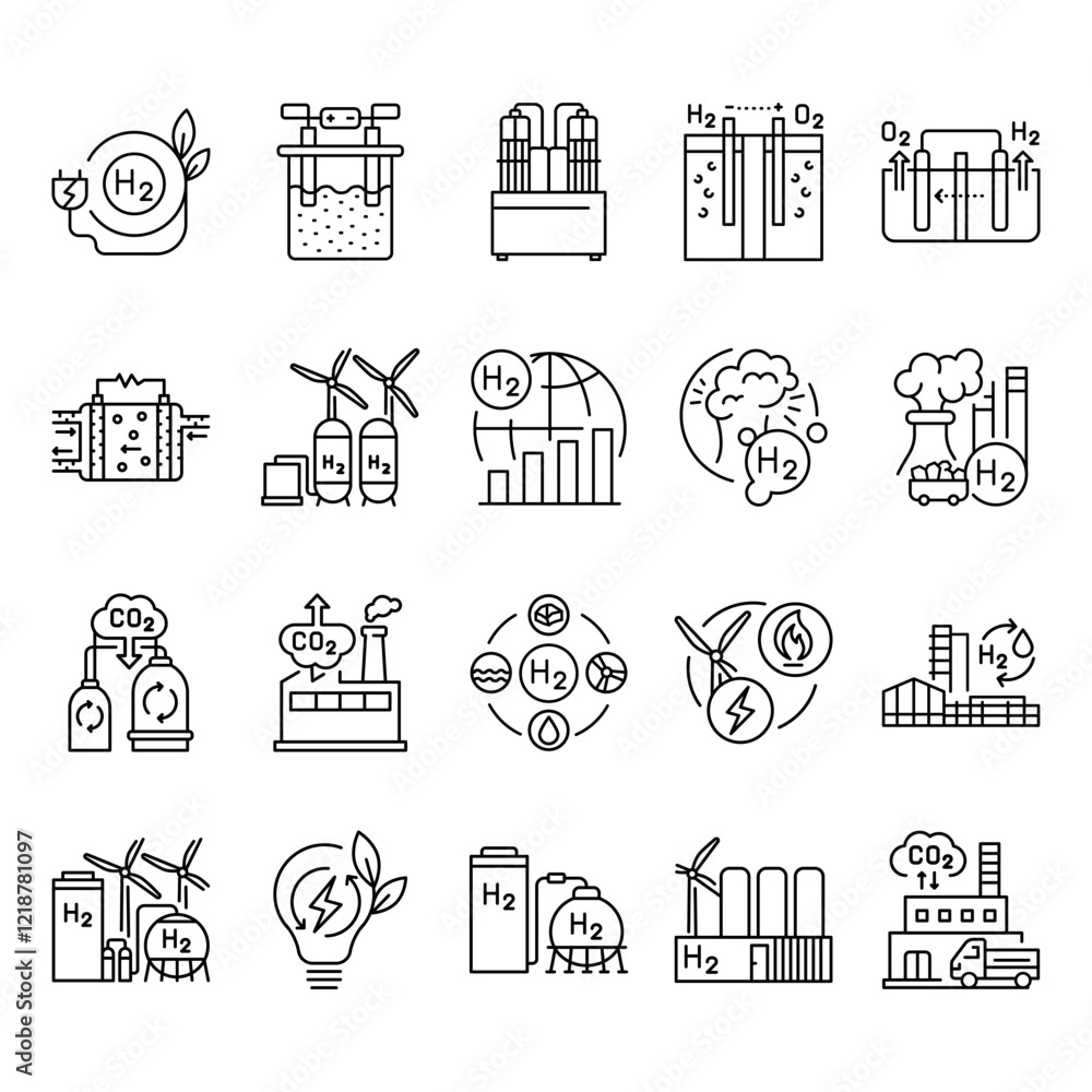 Fototapeta premium Green hydrogen technologies line black icons set. Sign for web page, mobile app,