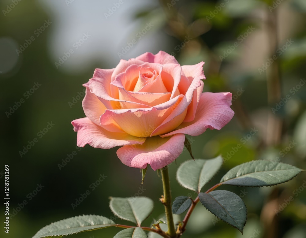 Pink and yellow rose blossom on a stem with leaves Pink and yellow rose blossom on a stem with leaves