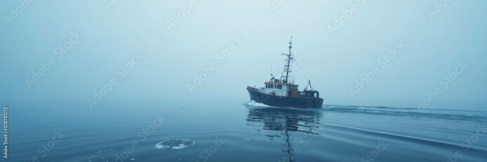 A fishing boat cutting through thick fog on the Arctic waters, foggy horizon, icy waters A fishing boat cutting through thick fog on the Arctic waters, foggy horizon, icy waters