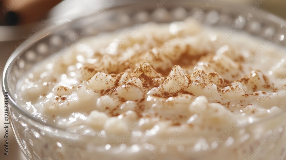 Close-up of rice pudding with cinnamon and nutmeg in a clear glass bowl, showcasing creamy texture and spiced flavor. Ideal for dessert recipes and holiday menus. Close-up of rice pudding with cinnamon and nutmeg in a clear glass bowl, showcasing creamy texture and spiced flavor. Ideal for dessert recipes and holiday menus.