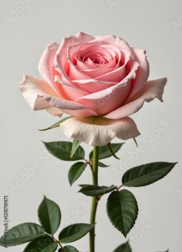 Pink rose with green stem and leaves on white background