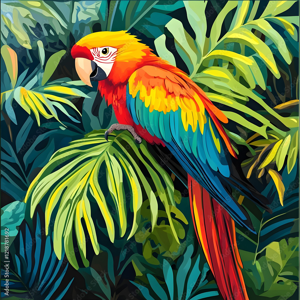 Fototapeta premium Scarlet Macaw in Tropical Paradise: A vibrant scarlet macaw perches amidst lush, tropical foliage, its vivid red, yellow, and blue plumage contrasting beautifully with the deep green leaves.