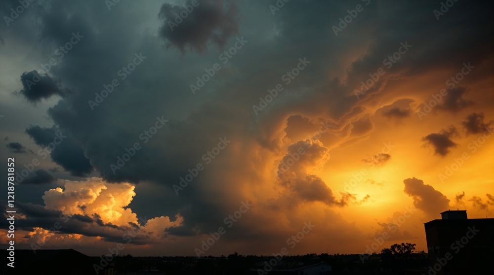 Fototapeta premium A professional fine art photograph in warm tones, softly contrasting and saturated, featuring intense dramatic weather and ethereal fragmentation, stormy skies, high tension, evocative of Associated 