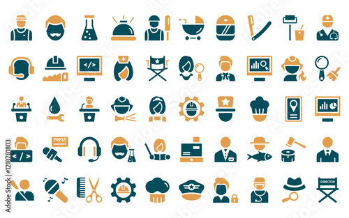 50 linear professions icon pack. vector thin line civil engineer, professor, chemist, concierge, cricket player, baby sitter, racer icons suitable for apps and websites ui designs.
