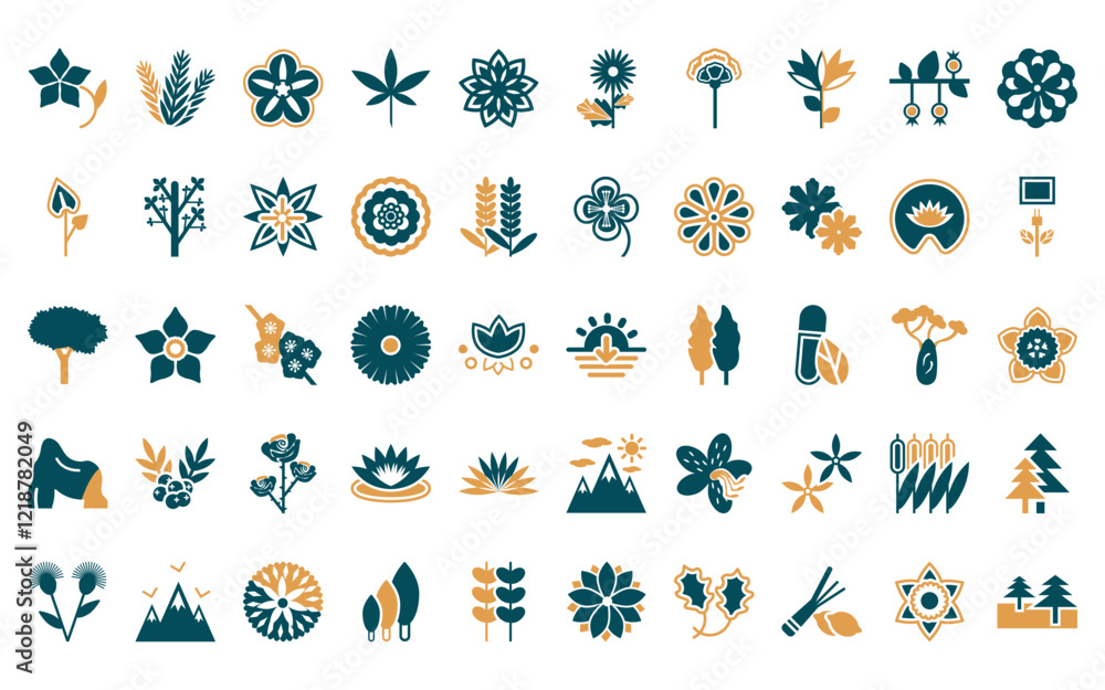 Obraz premium 50 linear nature icon pack. vector thin line sun, rosemary, petunia, cannabis, clematis, gerbera, carnation icons suitable for apps and websites ui designs.