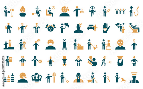 50 linear people icon pack. vector thin line vet with cat, girl smile, witch flying broom, sit down, relieved smile, man with open lock, playing with a rope icons suitable for apps and websites ui