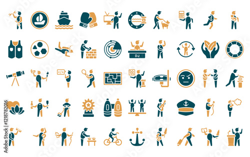 50 linear people skills icon pack. vector thin line chessplayer, round sailboat, cargo ship front view, boxing gloves, tv correspondent, boat porthole, dog breeder icons suitable for apps and