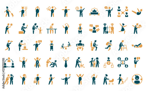 50 linear people icon pack. vector thin line sumo fighter, devil standing up, surprised man, teacher reading, standing frontal man, businessman with dollar money, in icons suitable for apps and
