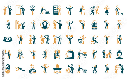 50 linear people icon pack. vector thin line preference, man knocking a door, male users, person mowing the grass, knocking, biceps of a man, old lady walking icons suitable for apps and websites ui