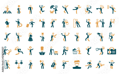 50 linear people icon pack. vector thin line flag semaphore language, napoleon figure, torso, man celebrating, woman covering, man jumping, gymnast girl icons suitable for apps and websites ui
