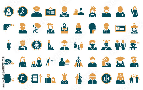 50 linear people icon pack. vector thin line lesbian couple and son, road crossing, muslim man, female journalist on tablet, amazonian, old couple, chilean icons suitable for apps and websites ui