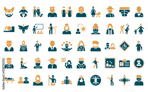 50 linear people icon pack. vector thin line spanish woman, baby with diaper, man girl and dog, psychology, no racism, old man, mother and baby icons suitable for apps and websites ui designs.