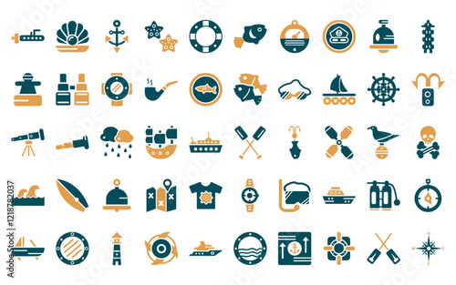 50 linear nautical icon pack. vector thin line paddles, pearl, big anchor, starfish, life preserver, fish facing right, barometer icons suitable for apps and websites ui designs.