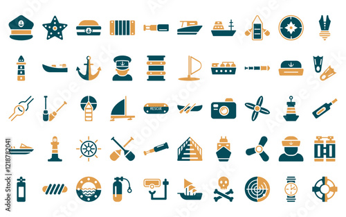 50 linear nautical icon pack. vector thin line trireme, starfish with dots, sailor cap, big crate, nautical monocular, speed boat, frigate icons suitable for apps and websites ui designs.